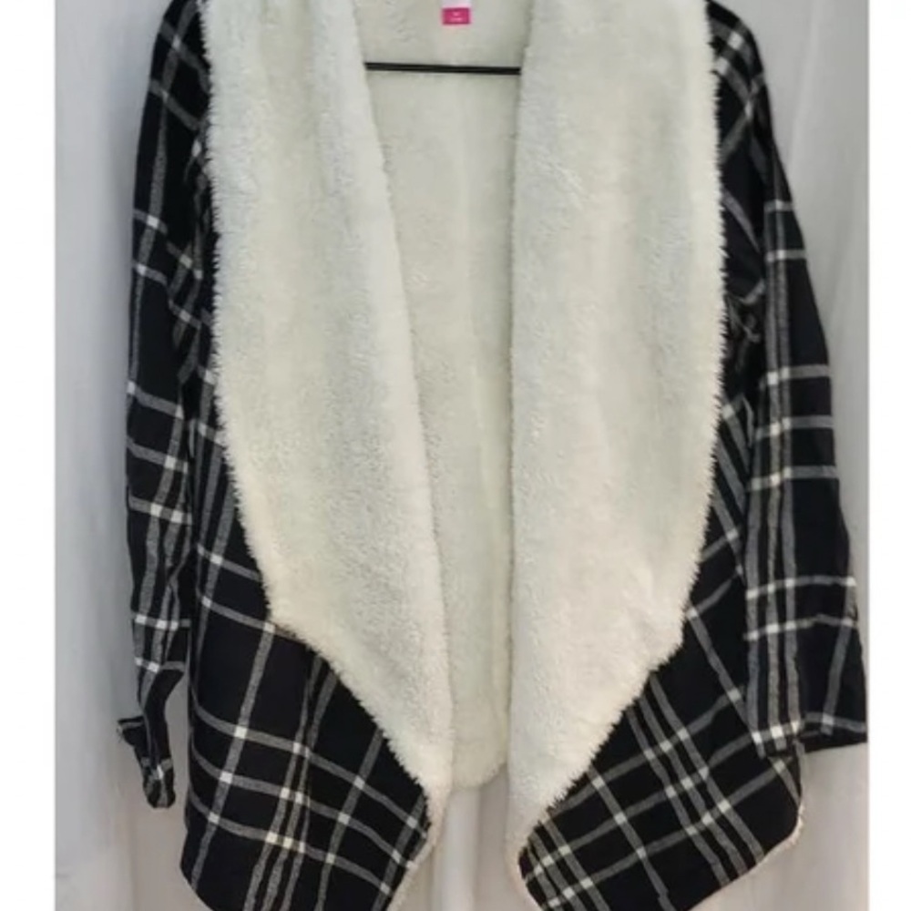 No Boundaries Black and White Plaid Cardigan with Faux Fur